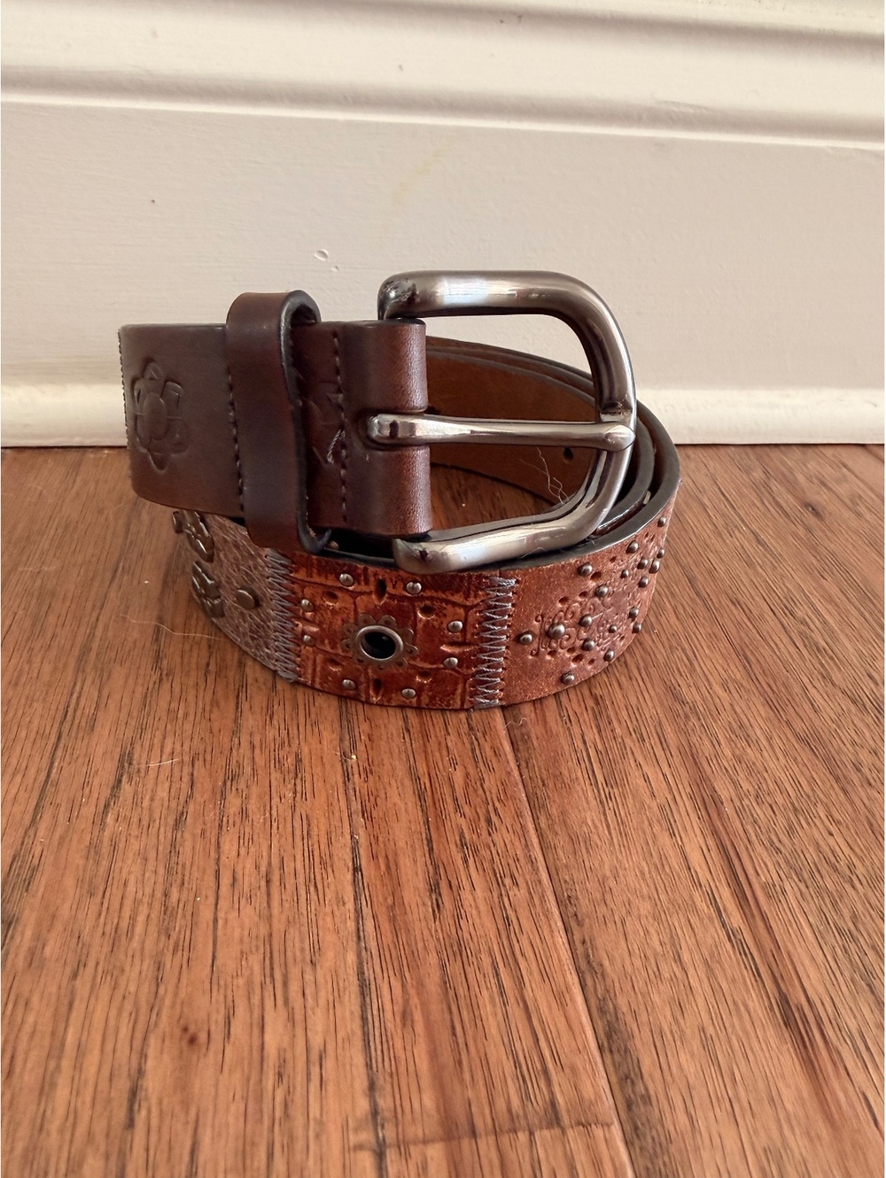 Vintage Fossil Genuine Leather Brown Patchwork Belt Size Large